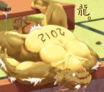  2012 anthro asian_mythology detailed_background dragon drunk east_asian_mythology eastern_dragon green_body kemono lying male misokemo musclegut mythology overweight overweight_male solo substance_intoxication 