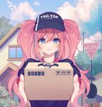  1girl baseball_cap blue_eyes blue_hair blue_shirt blue_sky box building character_request cloud copyright_request day hat highres holding holding_box long_hair looking_at_viewer multicolored_hair outdoors pink_hair power_lines road_sign shirt sign sky smile solo streaked_hair twintails upper_body ykelo 