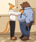 2021 absurd_res anthro bottomwear brown_body brown_fur canid canine clothing detailed_background duo eyes_closed fur hi_res humanoid_hands jumperbear kemono male male/male mammal necktie overweight overweight_male pants shirt tired topwear ursid 