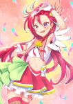  1girl absurdres aqua_hair armpit_peek arms_up commentary crop_top cure_flamingo feathers fishnet_legwear fishnets gloves hair_between_eyes highres holding long_hair midriff multicolored_hair navel open_mouth precure purple_eyes red_hair shuu_(mniarnoakou) smile thighhighs thighs tropical-rouge!_precure very_long_hair white_gloves zettai_ryouiki 