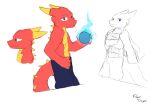  absurd_res anthro blue_eyes bottomwear clothing dragon flat_colors hi_res jacket kairo_achell_(character) magic male orb pants red_body scales scalie shirtless simple_background sketch solo topwear vennightsky vensicle watermark yellow_body yellow_scales 
