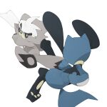  1:1 ambiguous_gender anthro black_body black_fur blue_body blue_fur duo fight fur grey_body grey_fur hi_res kubfu legendary_pok&eacute;mon nintendo pawpads pok&eacute;mon pok&eacute;mon_(species) riolu serious simple_background video_games white_background white_body white_fur youjomodoki 