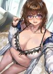  1girl bangs black-framed_eyewear bra breasts brown_hair cleavage coat couch curtains from_above glasses highres huge_breasts long_hair looking_at_viewer navel off_shoulder open_mouth original pants purple_eyes ran&#039;ou_(tamago_no_kimi) solo standing thighs underwear window 
