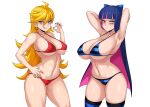  2girls aqua_eyes bikini blonde_hair blue_eyes blue_hair cameltoe erect_nipples jmg long_hair navel panty_&amp;_stocking_with_garterbelt panty_(character) stocking_(character) swimsuit thighhighs third-party_edit white 