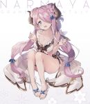  1girl absurdres blue_eyes breasts character_name cleavage copyright_name draph enomoto_hina frills granblue_fantasy hair_over_one_eye hands_up highres horns knees_up large_breasts light_purple_hair long_hair low_tied_hair narmaya_(granblue_fantasy) open_mouth purple_hair sandals smile solo very_long_hair white_footwear 