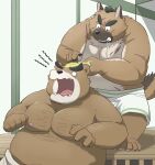  2021 anthro ashigara brown_body brown_fur canid canine canis domestic_dog duo fur hon55728 humanoid_hands kemono male mammal overweight overweight_male tokyo_afterschool_summoners towel ursid video_games yasuyori 