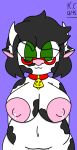  anthro aureola big_breasts black_spots bovid bovine breasts cattle collar collar_only cute_face eyewear female fur glasses hands_behind_back hi_res horn kc_arts mammal mature_female milk navel simple_background slightly_chubby smile solo spots white_body white_fur 