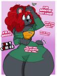  2019 3:4 anthro big_breasts bottomless bottomless_female brave_(disney) breasts cleavage clothed clothing curvy_figure dialogue digital_media_(artwork) disney english_text female fingers fur grey_body grey_fur hair hi_res hourglass_figure huge_breasts inkit89 mammal merida mirror pixar red_hair scottish shirt shirt_only simple_background smile solo teeth text thick_thighs topwear topwear_only transformation ursid voluptuous wide_hips 