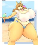  2021 anthro beach big_breasts breasts canid canine canis clothing dessert domestic_dog female food hi_res humanoid ice_cream june_(jinu) mammal mature_female nicolaowo seaside smile solo thick_thighs wet wet_clothing wide_hips 