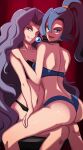  2girls blue_eyes blue_hair clair_(pokemon) grey_eyes grey_hair grin gym_leader highres karen_(pokemon) long_hair md5_mismatch multiple_girls on_lap one_eye_closed pedestal pokemon pokemon_(game) pokemon_hgss ponytail sitting smile underwear vivivoovoo yuri 