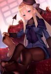  1girl absurdres arm_rest bangs beret black_legwear blonde_hair blue_dress blue_eyes blunt_bangs blush boots brown_gloves brown_legwear capelet demon_tail dress fate_(series) gloves grin hat head_rest highres hime_cut licking_lips long_hair long_sleeves looking_at_viewer lord_el-melloi_ii_case_files naughty_face on_chair pantyhose pencil_dress reines_el-melloi_archisorte scan scarf shoes_on_hands shoes_removed sidelocks sitting smile solo straight_hair suzuho_hotaru tail tongue tongue_out 