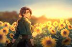 1girl armor artist_name back belt birthday black_gloves black_shirt closed_mouth collared_jacket commentary day english_commentary field fire_emblem fire_emblem:_three_houses floating_hair flower flower_field gloves green_belt green_jacket hair_between_eyes highres jacket leaf lips long_sleeves looking_at_viewer outdoors purple_eyes purple_hair sethkiel shamir_nevrand shirt short_hair shoulder_armor signature sky solo sun sunflower sunlight sunset yellow_flower 