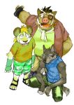  2007 anthro biped bottomwear brown_body brown_fur canid canine clothing daich eye_patch eyewear fur group inuya kemono male mammal overweight overweight_male pants shirt shorts simple_background suid suina sus_(pig) topwear white_background wild_boar 