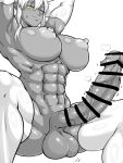  1girl abs arms_behind_head breasts elbow_gloves full-package_futanari futanari gloves huge_penis large_breasts monochrome muscular muscular_female nia_i original penis pointy_ears shiny shiny_skin solo spot_color squatting testicles thighhighs veins veiny_penis 