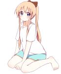  1girl alternate_hairstyle arm_support bangs barefoot between_legs blonde_hair blue_eyes blue_shorts blush bow brown_bow casual closed_mouth collarbone commentary_request expressionless eyebrows_visible_through_hair feet full_body hair_bow hand_between_legs highres long_hair looking_at_viewer mesushio ponytail shiny shiny_hair shirt short_sleeves shorts simple_background sitting solo toes toshinou_kyouko very_long_hair wariza white_background white_shirt yuru_yuri 