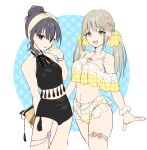  2girls :d bangs bare_shoulders bikini black_bikini black_hair blue_background bracelet breasts brown_eyes cleavage eyebrows_visible_through_hair grey_hair hair_between_eyes hair_bun hand_up highres ichiren_namiro jewelry long_hair looking_at_viewer low_twintails medium_breasts midriff multiple_girls navel o-ring o-ring_bikini o-ring_top open_mouth original plaid plaid_bikini polka_dot polka_dot_background purple_eyes ring see-through smile standing swimsuit twintails two-tone_background unmoving_pattern white_background yellow_bikini 