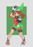  1girl absurdres aqua_eyes arms_up black_shorts brown_hair fleyr full_body gloves green_background green_headwear highres holding holding_poke_ball long_hair looking_at_viewer may_(pokemon) poke_ball pokemon red_shirt shirt shoes shorts sleeveless sleeveless_shirt solo standing 