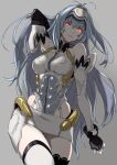  1girl android bare_shoulders blue_eyes blue_hair breasts cleavage elbow_gloves forehead_protector gloves kos-mos large_breasts long_hair looking_at_viewer red_eyes saeki_shun solo thighhighs very_long_hair xenosaga xenosaga_episode_i 