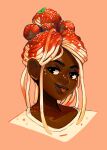  1girl artist_name black_eyes dark_skin dark_skinned_female food food_on_head freckles geneva_bowers leaf meatball object_on_head orange_background original pasta simple_background smile solo spaghetti spaghetti_and_meatballs tongue tongue_out upper_body 