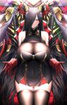  1girl absurdres azur_lane black_dress black_hair black_legwear breasts buttons cleavage collarbone covered_navel dress elbow_gloves friedrich_der_grosse_(azur_lane) gloves hair_over_one_eye highres horns huge_breasts huge_filesize long_hair looking_at_viewer mechanical_horns obei_teitoku parted_lips see-through_dress shiny shiny_hair sidelocks sleeveless sleeveless_dress solo thighhighs very_long_hair yellow_eyes 