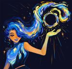  artist_name black_background black_eyes blue_hair blue_lips floating_hair geneva_bowers glowing hair_over_one_eye hand_up long_hair midriff multicolored_hair parted_lips shirt sleeveless sleeveless_shirt smile starry_night upper_body 