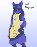  absurd_res animal_genitalia animal_penis annoyed anthro belly_tuft canine_penis clothed clothing dialogue genitals gesture hi_res humor looking_at_viewer lucario male nintendo pants_down partially_clothed penis penis_tip pok&eacute;mon pok&eacute;mon_(species) pulling_pants_down sheath sheath_poking_out simple_background solo text tinysmallman tuft undressing video_games 