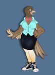  anthro avian bird blouse blue_eyes bottomwear breasts brown_body brown_feathers chuck_taylor_all_stars cleavage clothed clothing columbid feathers female footwear martha neatotito non-mammal_breasts passenger_pigeon pigeon shoes skirt smile solo topwear 