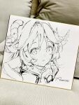  1girl :o animal_ears anmi arknights artist_name blush ear_protection eyjafjalla_(arknights) goat_ears goat_horns highres horns looking_at_viewer open_mouth photo_(medium) portrait solo traditional_media 
