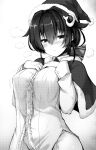  1girl ai_takurou bangs blush breasts capelet closed_mouth covered_nipples eyebrows_visible_through_hair fur_trim garter_straps greyscale hair_between_eyes hair_ornament hair_ribbon hands_on_own_chest hat jingei_(kancolle) kantai_collection large_breasts long_sleeves monochrome panties ribbon santa_hat simple_background solo sweat underwear whale_hair_ornament 