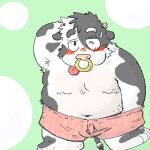  1:1 anthro black_body blush bodily_fluids bovid bovine bulge cattle clothing digital_media_(artwork) kemono low_res male mammal nanaki777 oekaki overweight overweight_male solo sweat underwear white_body 