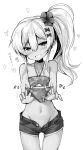  1girl ai_takurou bangs bikini_bottom_removed blush commentary_request duplicate eyebrows_visible_through_hair fang flat_chest flower grecale_(kancolle) greyscale hair_between_eyes hair_flower hair_ornament heart hibiscus holding jewelry kantai_collection long_hair monochrome necklace short_shorts shorts side_ponytail sidelocks simple_background skin_fang solo 