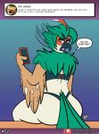  2021 anthro ask_blog avian beak big_butt blue_beak bra butt cellphone clothing decidueye dialogue english_text feathers female gradient_background green_body green_feathers head_turned multicolored_body multicolored_feathers nintendo olive_the_decidueye patreon phone pok&eacute;mon pok&eacute;mon_(species) pupils red_body red_feathers red_pupils signature simple_background sketchybug solo talking_to_viewer tan_body tan_feathers text thong underwear url video_games yellow_eyes 