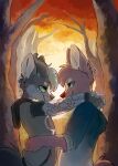  2018 anthro autumn blue_eyes brown_body brown_fur canid canine canis clothed clothing conditional_dnp detailed_background domestic_dog duo elijah-draws eye_contact fur green_eyes grey_body grey_fur head_tuft hi_res light lighting looking_at_another mammal off_(game) outside plant shaded smile tree tuft white_body white_fur 