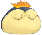  anthro belly blue_hair feral fire hair hi_res immobile male morbidly_obese nintendo obese overweight pok&eacute;mon pok&eacute;mon_(species) simple_background solo typhlosion video_games yellow_belly yellow_body zephy_03 