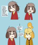  absurd_res animal_crossing anthro canid canine canis clothing dialogue digby_(animal_crossing) domestic_dog duo english_text female hi_res implied_incest isabelle_(animal_crossing) male male/female mammal necktie nintendo porldraws speech_bubble tails_gets_trolled text video_games 