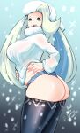  1girl aqua_eyes aqua_hair ass blue_panties commission cowboy_shot earrings english_text highres jewelry kenron_toqueen long_hair long_sleeves melony_(pokemon) open_mouth panties pokemon pokemon_(game) pokemon_swsh shadow solo sweater thank_you underwear very_long_hair white_sweater 