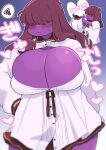  &lt;3 2021 anthro big_breasts blouse blush bodily_fluids breasts brown_hair cleavage cleavage_cutout cleavage_overflow clothed clothing deltarune english_text female hair hair_over_eyes hi_res huge_breasts japanese_text non-mammal_breasts obscured_eyes purple_body reptile scalie shirt simple_background solo susie_(deltarune) sweat text topwear underchikichan video_games white_clothing 