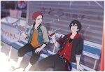  2boys bandana beads bench black_hair bottle glass_bottle harai_kuuko heterochromia highres holding holding_bottle hood hoodie hypnosis_mic jacket letterman_jacket male_focus mole mole_under_eye multiple_boys ramune red_eyes red_hair sandals shade sitting soda_bottle take_bayashi_3d yamada_ichirou_(hypnosis_mic) yellow_eyes zipper_pull_tab 