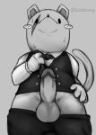  anthro balls blush bodily_fluids bottomwear clothed clothing genitals humanoid_genitalia locitony looking_at_viewer looking_down male mammal monochrome mouse murid murine my_hero_academia necktie nedzu pants partially_clothed penis rodent smile smiling_at_viewer solo suit sweat topwear undressing vest 