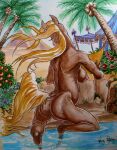  2012 ancient_egypt anthro breasts brown_body brown_breasts brown_fur brown_pussy butt coconut day desert drupe_(fruit) egyptian equid equine feet_in_water female flower food fruit fur genitals hair hi_res horse looking_away mammal mane map muscular_butt nipples nude oasis outside palm_tree pink_nipples plant pregnant pregnant_female purple_flower pussy pyramid pyramids reading red_flower shrub sky solo tan_hair tan_mane tent tree vicky_wyman water 