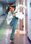  1girl black_hair blue_pants blush brown_eyes chutohampa coat doctor full_body hallway hospital long_hair open_mouth original pants running shadow shoes signature solo white_coat white_footwear 