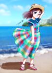  1girl beach blue_eyes blue_shirt blue_sky blurry blurry_background brown_hair chutohampa cloud cloudy_sky dress full_body hat horizon long_hair looking_at_viewer multicolored multicolored_clothes multicolored_dress one_eye_closed original pink_footwear shadow shirt short_sleeves signature sky smile solo standing water 