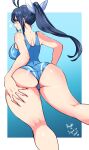  ass black_hair blue_background blue_eyes blue_swimsuit blush commission copyright_request feet_out_of_frame from_behind gradient gradient_background highres kenron_toqueen long_hair looking_at_viewer one-piece_swimsuit ponytail profile shadow smile swimsuit 