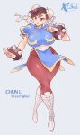  1girl absurdres bracelet brown_eyes brown_hair bun_cover character_name chinese_clothes chun-li copyright_name double_bun full_body highres jewelry pantyhose pelvic_curtain pose puffy_short_sleeves puffy_sleeves serious short_sleeves solo spiked_bracelet spikes street_fighter wide_hips x-teal2 