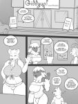  3:4 anthro big_breasts bottomwear bovid breasts bulge canid canine caprine car chest_tuft cleavage clothed clothing comic dialogue english_text eyes_closed female freckles_(artist) gesture girly grey_background group gynomorph hair intersex male mammal midriff monochrome pants purse rocky_mountain_goat shirt sign simple_background size_difference speech_bubble text tight_clothing topwear tuft vehicle waving white_hair wide_hips 