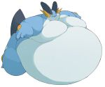  absurd_res amphibian anthro belly blue_body blue_skin feral fin hi_res male moobs morbidly_obese nintendo obese overweight pok&eacute;mon pok&eacute;mon_(species) simple_background solo swampert video_games weight_gain white_belly white_body white_skin zephy_03 