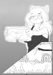  absurd_res anthro blush boxers_(clothing) canid canine canisfidelis clothed clothing comic female hi_res holding_clothing holding_object holding_underwear laugh mammal monochrome nervous seashell_(canisfidelis) simple_background solo spiral_eyes underwear 