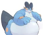  5:4 amphibian anthro belly blue_body blue_skin feral fin hi_res male morbidly_obese nintendo obese overweight pok&eacute;mon pok&eacute;mon_(species) simple_background solo swampert video_games weight_gain white_belly white_body white_skin zephy_03 