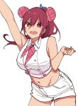  1girl animal_ears arm_up armpits bear_ears breasts buttons clenched_hand collared_shirt crop_top double-breasted fake_animal_ears free! long_hair looking_at_viewer matsuoka_gou megumi-square navel open_mouth ponytail shirt short_shorts shorts solo 