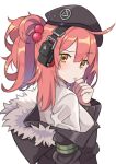  1girl beret blush candy commission food fur_trim girls_frontline hat headset highres jjuwaap lollipop medium_hair mp7_(girls_frontline) off_shoulder ponytail red_hair solo yellow_eyes 